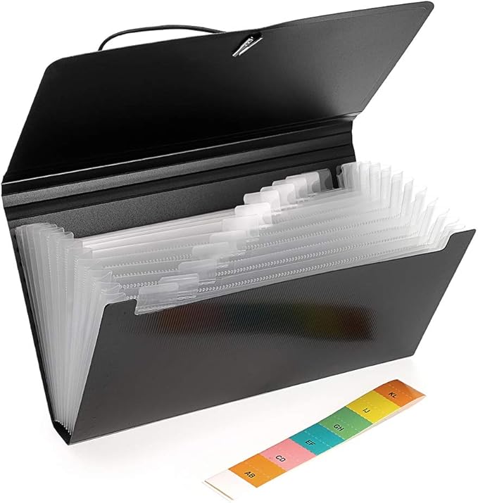 BTSKY Expanding File Folder - New 13 Pockets Handy Accordion File Organizer for Receipts Coupons Cards Tickets Tax Item File Storage Folder Check Bill Plastic Accordion Wallet Case(with Rope,Black)