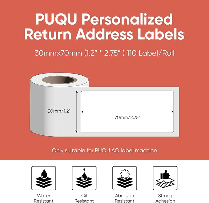 PUQU 30x70mm Direct Thermal Sticker Labels, Self-Adhesive All-Purpose Label Maker Tape, Compatible with AQ Series Label Printer, Refills Standard Laminated Office Labeling, 1 Roll of 110 Labels