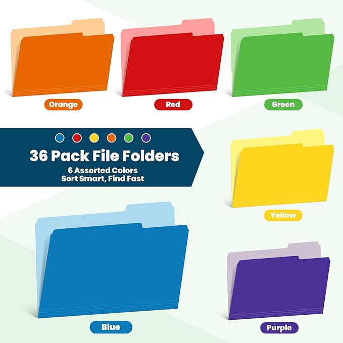36 Pack Two-Tone Color File Folders, Bulk1/3-Cut Tabs Letter Size Files Folders with 6 Assorted Colors, Ideal School Office Supplies