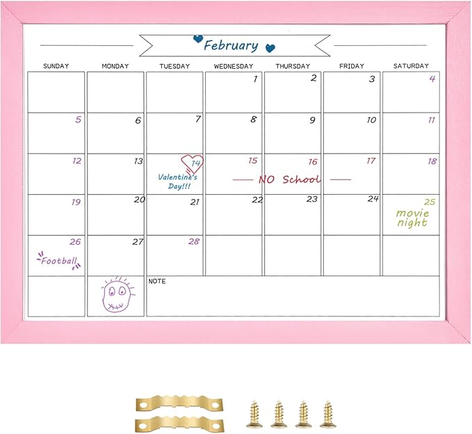 TORASO Dry Erase Monthly Calendar Board, Magnetic Whiteboard for Wall, Office/School/Home, Solid Wood Pink Frame Hanging Board 10.5"x 14.5"(YL-Pink-2737-B)