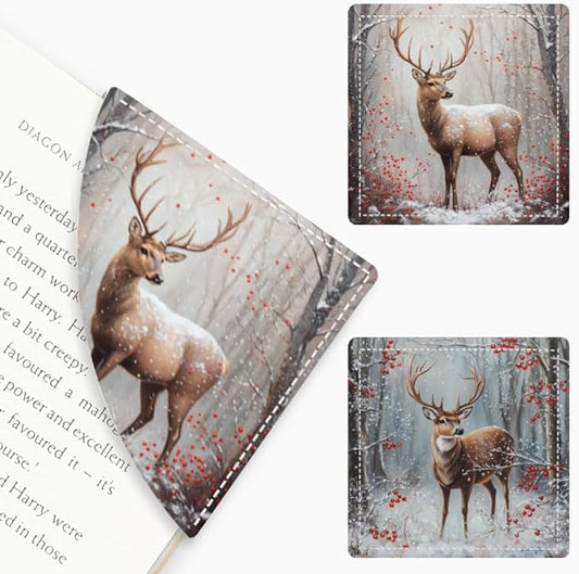 2PCS PU Leather Bookmarks 3.5x3.5 Inch Deer Winter Forest Design | PU leather bookmarks with deer winter forest design for novels, journals, planners, students and book lovers.