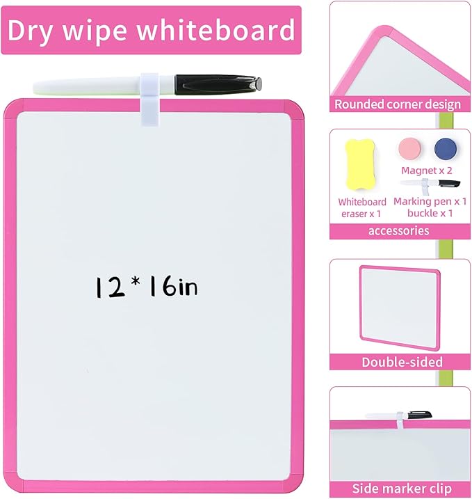 MXG Double Sided Pink Dry Erase Board, 12x16 Inch Small White Board with Marker, Magnets, Eraser, for Coaches, Students, Kitchen, Portable Mini Whiteboard for Fridge, Wall, Desk