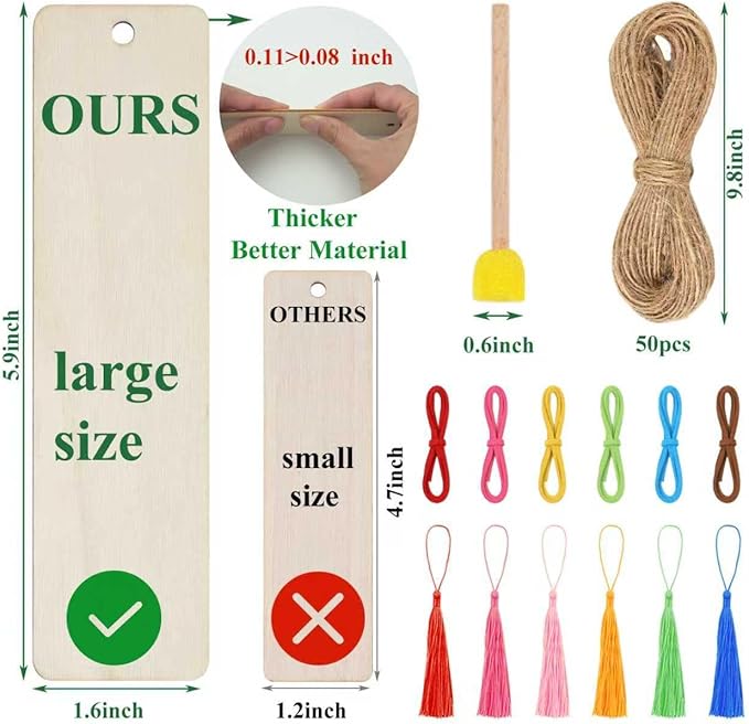 Rcpuirl 50 PCS Extra Large Thick Wood Bookmark with Tassels & Gift Ribbons – Unfinished Wooden Bookmarks to Paint, Bulk Blank Bookmarks for DIY Crafts, Painting, Wedding, Birthday Party Decors
