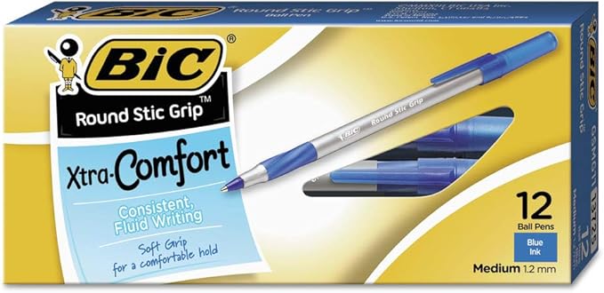 BIC Round Stic Grip Xtra Comfort Ball Pen Medium Pt 1.2mm Blue 3DOZEN GSMG11BE
