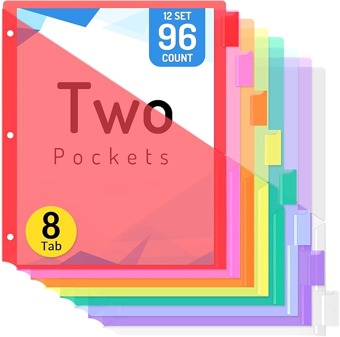 Forvencer 96 Count Dividers with Two Pockets, 8 tabs Binder Dividers for 3 Ring Binder Organizer, Multicolor, 12 Sets