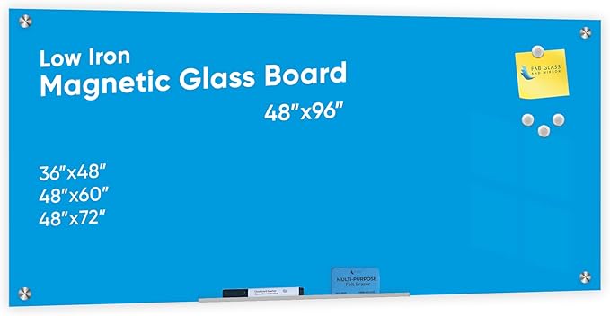Glass Dry Erase Board for Wall - Magnetic Glass Board with Blue Surface - Frameless (48" x 96") with Magnets, Markers, Eraser, Marker Tray by Fab Glass & Mirror