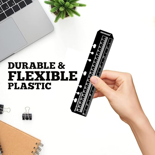 Performore 7 Holes Snap-in Bookmark Ruler | 8 Inch (20cm) Dual-Sided Measuring Tool | Fits A5 Notebooks & 5.5-Inch Binders | Black and Transparent Rulers