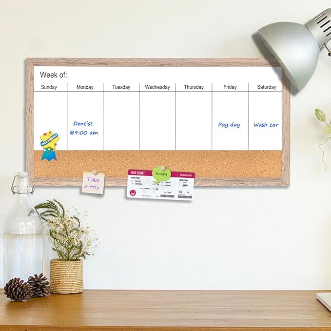 Magnetic Weekly Dry Erase White Board and Cork Board,Rustic Brown Wood Frame，Magnetic Surface Whiteboard for Home Office and Wall Decor(ZHZL-3060QZ)