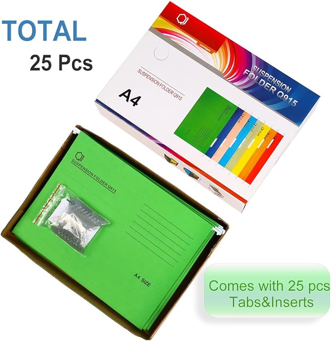 A4 Hanging File Folders, 25 Pcs Recycled Card File Folders for Filing Cabinet with Tabs and Card Inserts, Hanging Files Storage Folders for Office and School, Green