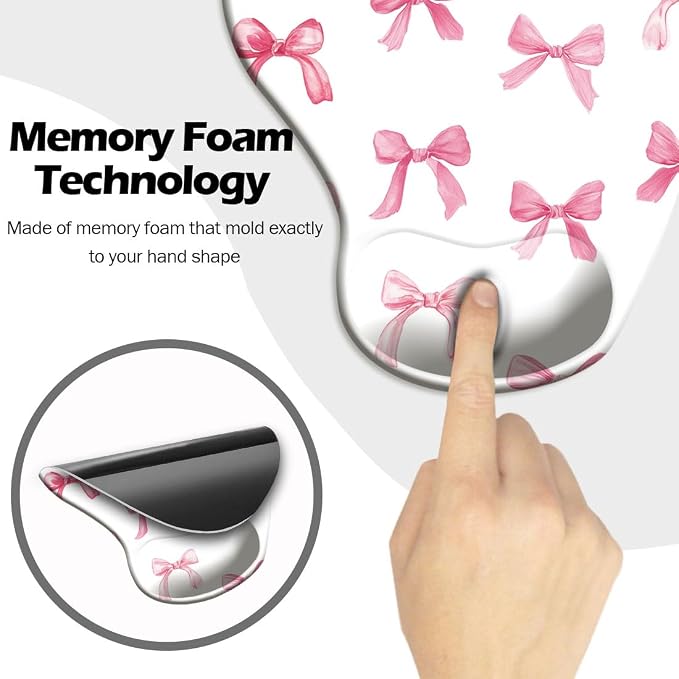 Ergonomic Mouse Pad with Wrist Support,Cute Mouse Pad with Wrist Rest and Coaster Set,Office Supplies Non-Slip Mouse Pads for Desk, Non-Slip Comfortable,Pink Bow