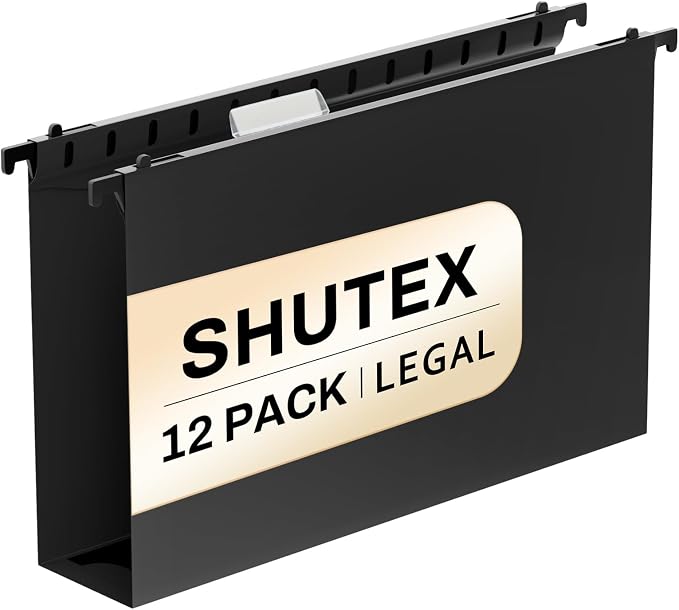 SHUTEX Extra Capacity Legal Size Plastic Hanging File Folders,12 Pack Reinforced Legal Size Hanging Folder with Heavy Duty 2 Inch Expansion,Filing Cabinet Folders,for Bulky Files, Medical Charts,Black