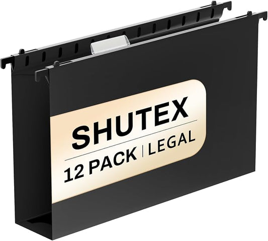 SHUTEX Extra Capacity Legal Size Plastic Hanging File Folders,12 Pack Reinforced Legal Size Hanging Folder with Heavy Duty 2 Inch Expansion,Filing Cabinet Folders,for Bulky Files, Medical Charts,Black