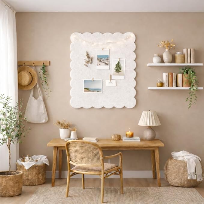 Scalloped Felt Bulletin Board 36 x 24 Inches, Large Decorative Pin Board for Wall, Vision & Message Board for Home Office, Bedroom & Study (Warm Beige)