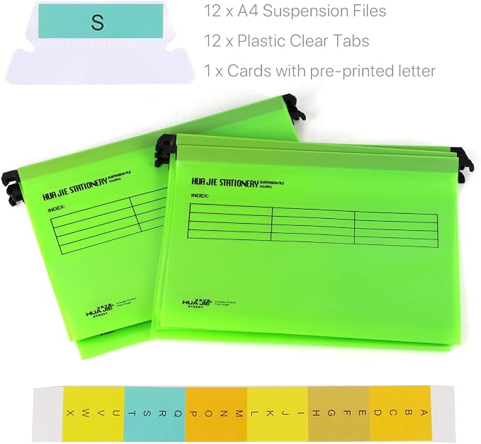 12 Pcs Hanging File Folders with Tabs and Card Inserts,A4 Suspension Files for Filing Cabinets, Waterproof Suspension Files Holder with Adjustable Tab Design for Home Office School (Green)