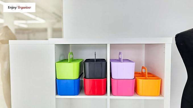 2 Pack Small 6 Compartment Multiuse Caddy Organizer with Handle Art Craft Supplies, Office, Desk, Stationery Pen Holder Stackable- Made In USA (Black/Pink)