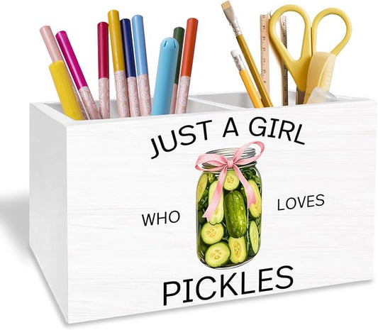Coquette Pink Bow Pickle Pen Holder for Desk, Pickle Lovers Themed Gifts Pencil Organizer, Just a Girl Who Loves Pickles Wooden Box Sign Desk Decor for Home Office Decoration