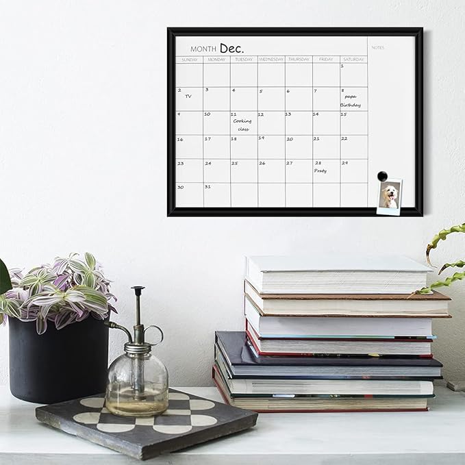 TORASO Dry Erase White Board & Monthly Calendar Board, Black Wooden Frame, Small Size Planning Board for Office, School and Home, 12" x 16"
