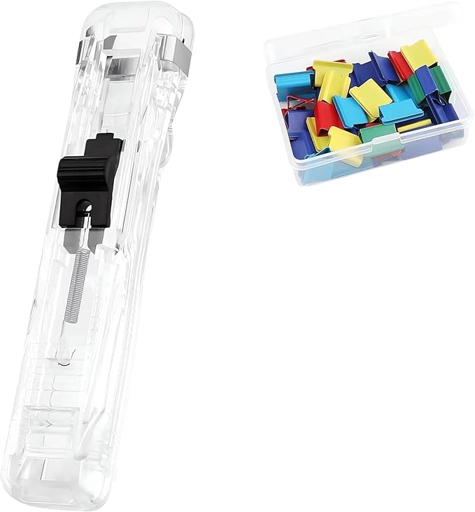 Portable Binder Clip Stapler,Includes 50 Reusable Clips Desktop Push Stapler Binder Clips Paper Clamps,Desktop Document Organizer for Home School Office (Clear)