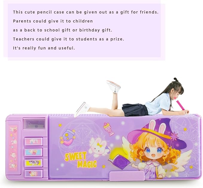【2Pack】Pop Up Multifunction Pencil Case for Girls and Boys, Cute Cartoon Pen Box Organizer Stationery with Lock, Sharpener, Schedule, Whiteboard, School Supplies, Best Gifts for Kids(Purple+Rocket)