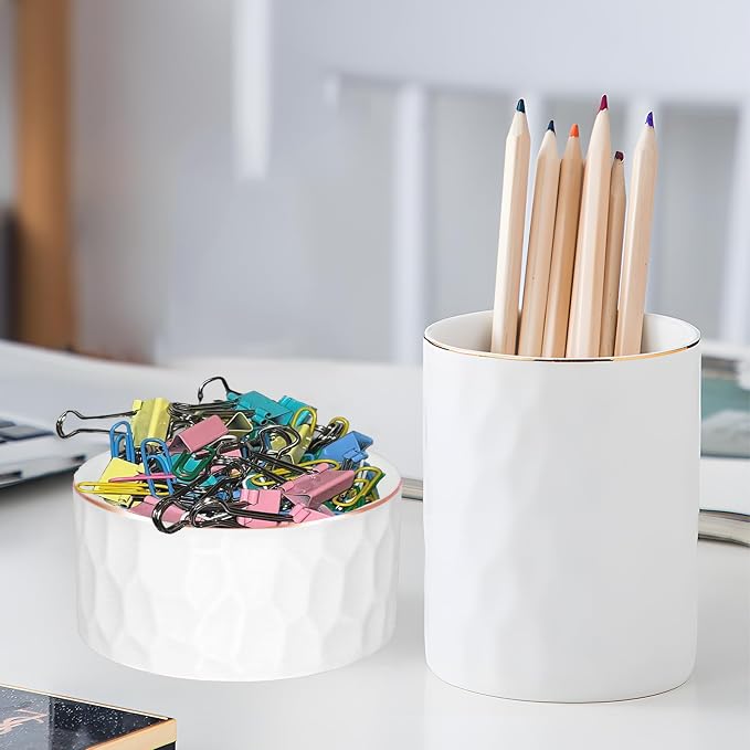 Aesthetic Desk Accessories Set of 2 For Your Office Desk Decor - Sturdy Concrete Desktop Accessories For Women or Men Enhance Any Office Decor - Set incl. Ceramic Pen Holder and Paper Clip Holder