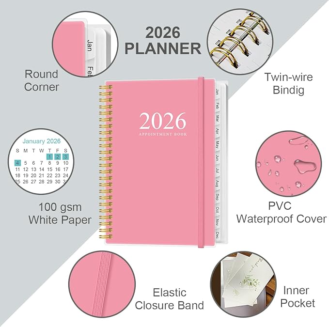 2026 Appointment Book & Planner - Hourly Planner from January 2026 -December 2026, Weekly Appointment Book 2026 with 30-Minute Interval, 6.4" x 8.5", Pink
