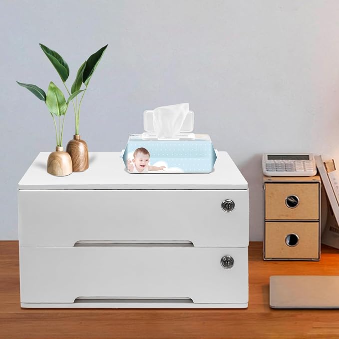 Wooden Desktop Storage Box, 2-Tier Countertop Desk Accessories Box with Lockable Drawers, Office Supplies File Organizer, Flat File Cabinet for Office, Study, Dresser, Kitchen (White)