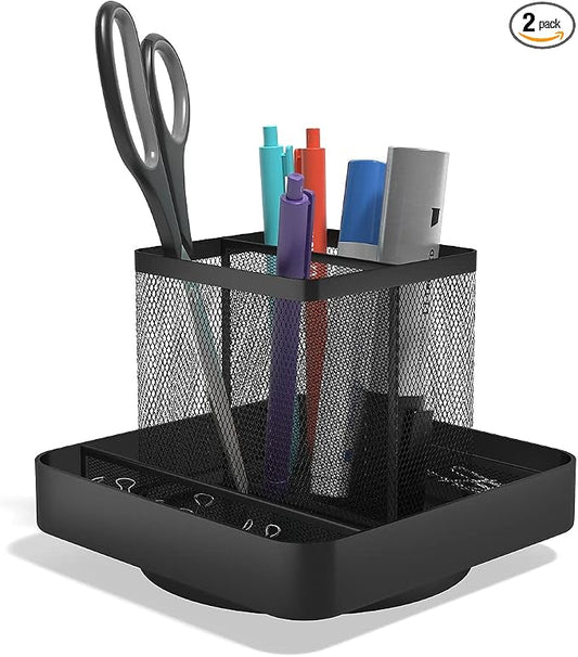 TRU RED Wire Mesh Rotating Desk Organizer, 6‑Compartment, Matte Black, 2‑Pack – 360‑Degree Desktop Storage for Office Supplies