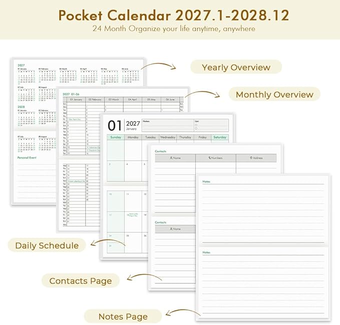 Pocket Calendar 2027-2028 for Purse, Small Pocket Planner 2027-2028 for Purse 3.5×6.5In,24 Month Organizer from Jan 2027- December 2028 Mini Planner with Pvc Cover for Organizing & Planning