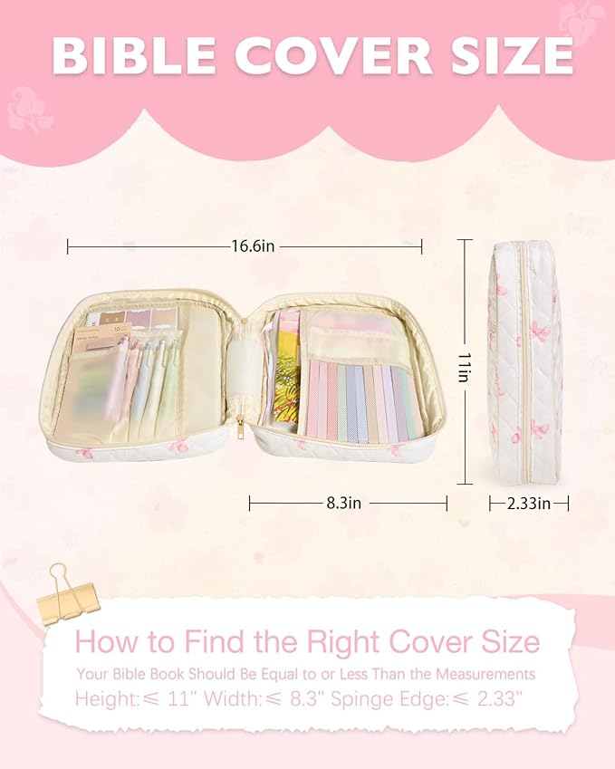 Initial Bible Cover Case for Women Girls Kid Large Bible Cover with Durable Handle Quilted Bible Carrying Case for Girls Bible Study Supplies Accessories (Pink Bow K, one Size)