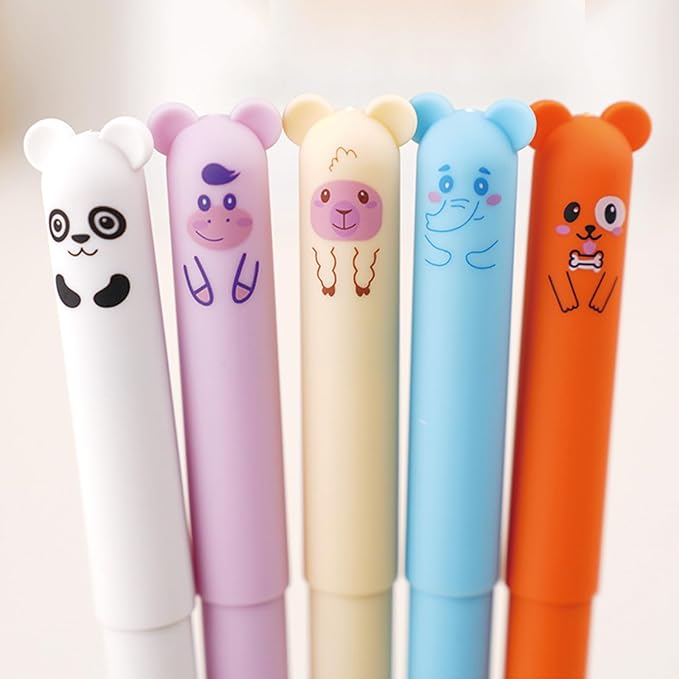 MOZXIRZ 4 Pcs Cute Erasable Pens Cartoon Animal Gel Pen 0.5mm Black Ink Smooth Writing Pen Kawaii Bear Panda Erasable Pens for Women Girls Boys Office Supplies School Supplies (Cute Animal-Black Ink)
