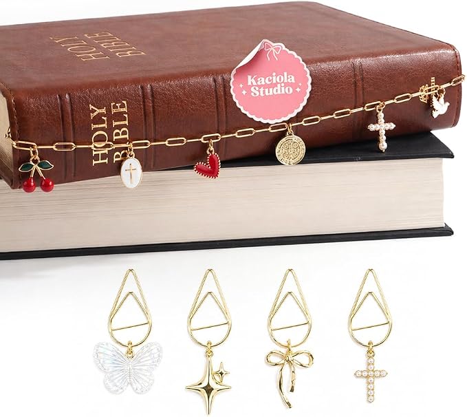 Kaciola Bible Charms Chain with 4PCS Planner Charms for Bible Study, Book Spine Bookmark, Journal Accessory, Unique Faith Jewelry Gift for Women (SJ-03)