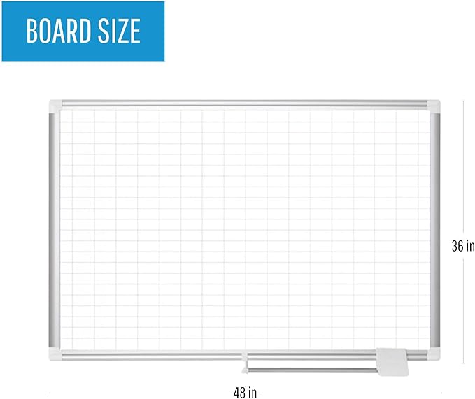 MasterVision Magentic Dry Erase Planning White Board, 1" x 2" Grid, Laquered Steel Surface, Sliding Marker Tray, 36" x 48", Aluminum Frame, Silver (MA0592830)
