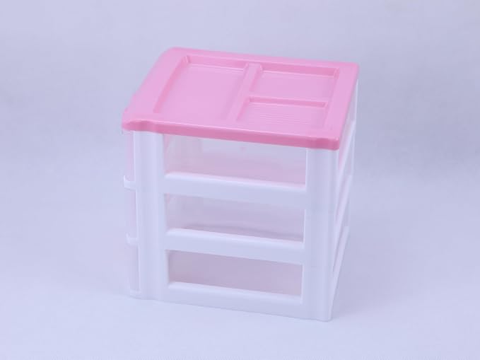 Pink 3-Tier Desk Organizer – Compact Plastic Storage Box for Makeup, Jewelry, School Supplies & Art Crafts – Desktop Tidy for Bedroom Vanity or Dorm Room (Classical)