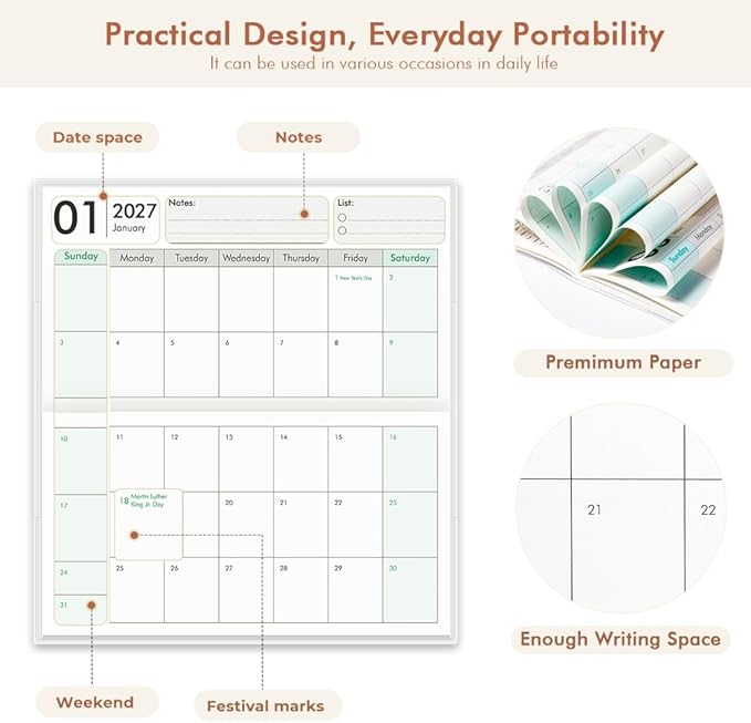 Pocket Calendar 2027-2028 for Purse, Small Pocket Planner 2027-2028 for Purse 3.5×6.5In,24 Month Organizer from Jan 2027- December 2028 Mini Planner with Pvc Cover for Organizing & Planning