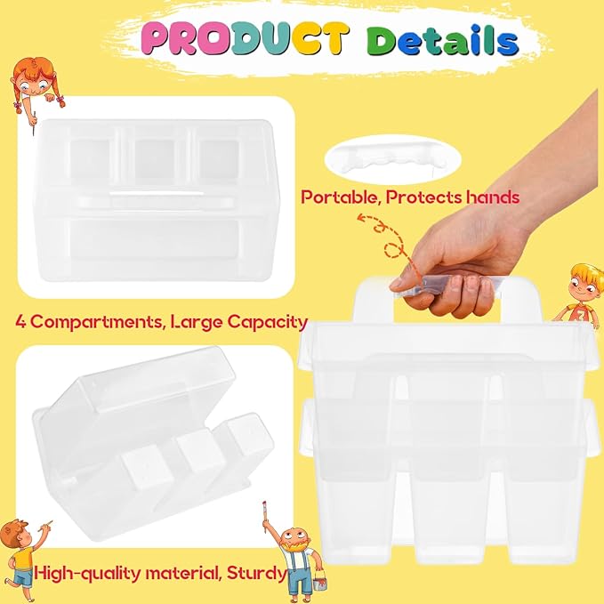 NINU Classroom Caddy Storage Basket with Handle, Plastic Arts Office Crafts Caddy 4 Compartments for Kids, Pencil, Crayon, Marker, School Supplies - 6 Pack Clear