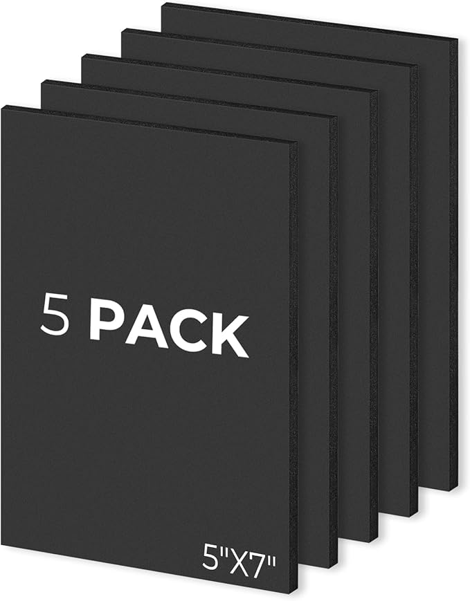 Mat Board Center, Pack of 5, 5X7 Foam Boards Acid Free Black Foam Core Boards for Mounting, Crafts, Display, Presentation and Projects, 3/16" Thick