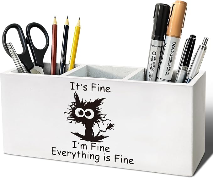 Funny Black Cat Pen Pencil Holder, Black Cat Mom Lovers Gifts for Women Wood Desk Organizer and Accessories, It's Fine Everything Is Fine Funny Makeup Brush Holder Organizer for Bathroom Vanity