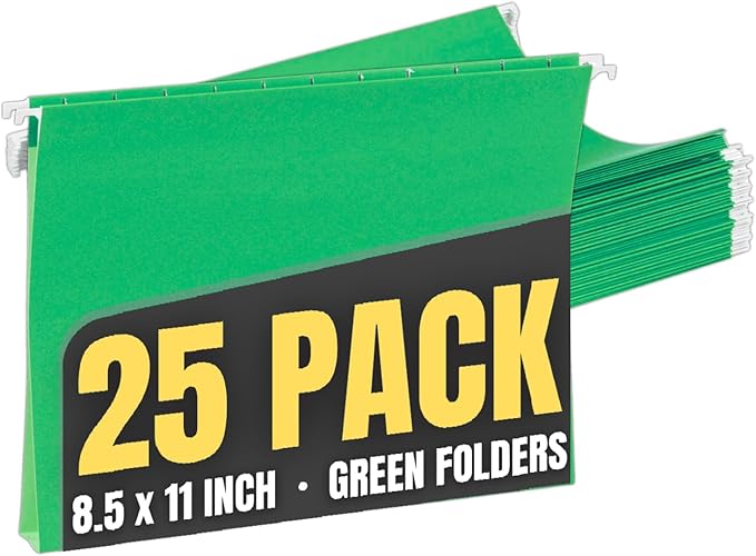 1InTheOffice Green Hanging File Folders, Letter Size Adjustable Tabs, 1/5 Tabs, 11 pt, 25 Pack