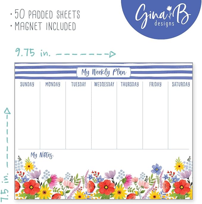 Gina B Designs-Weekly Planner Calendar Pad with Attachable Magnet- Blue Stripes & Flowers-Made in the U.S.A.