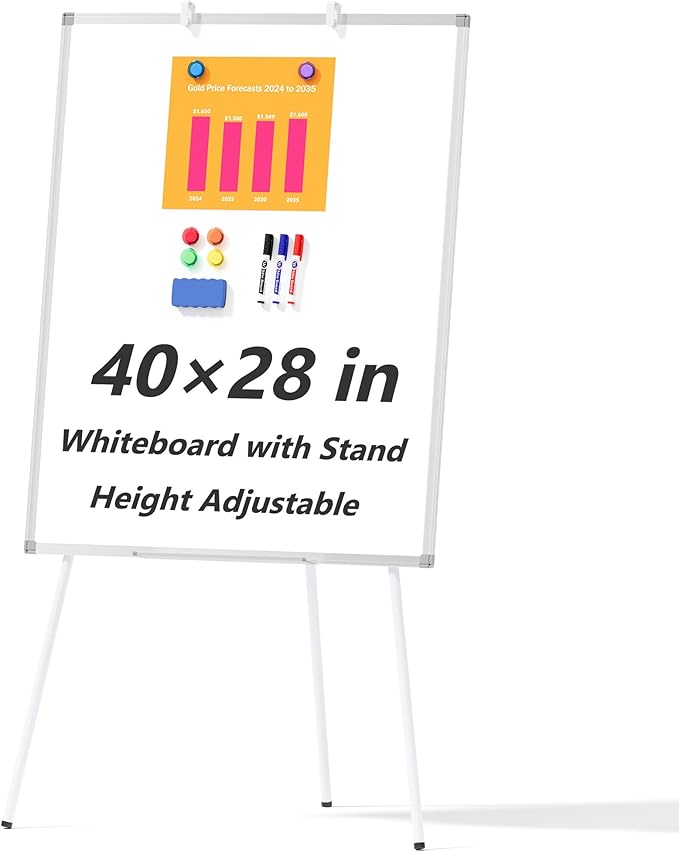 Large Whiteboard Easel with Stand, 40" x 28" Portable Standing Magnetic Dry Erase White Board, Tripod Height Adjustable Flip Chart Easel for Home Office Classroom School, Silver