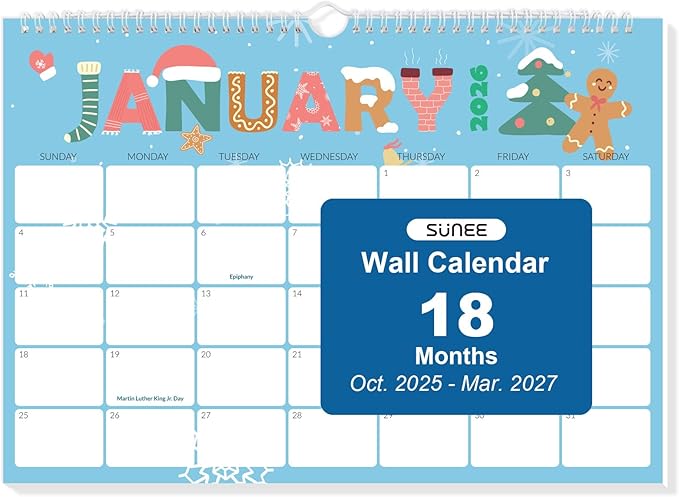 SUNEE Calendar 2026 18 Months Wall Calendar Oct. 2025 - Mar. 2027, 17"x12" Horizontal Hanging Calendar with Past Month and Next Month for Organizing & Planning, Cute