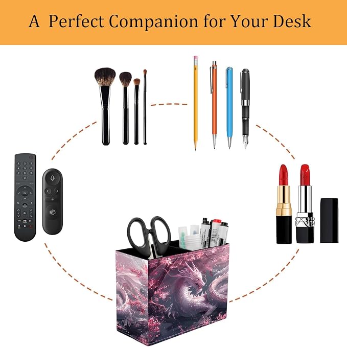 Pen Holder for Desk, PU Leather Multifunctional Desktop Storage Box and Anti-Slip Mouse Pad Set, Makeup Brush Holder Pen Organizer for Office and Home - Cherry Pink Dragon