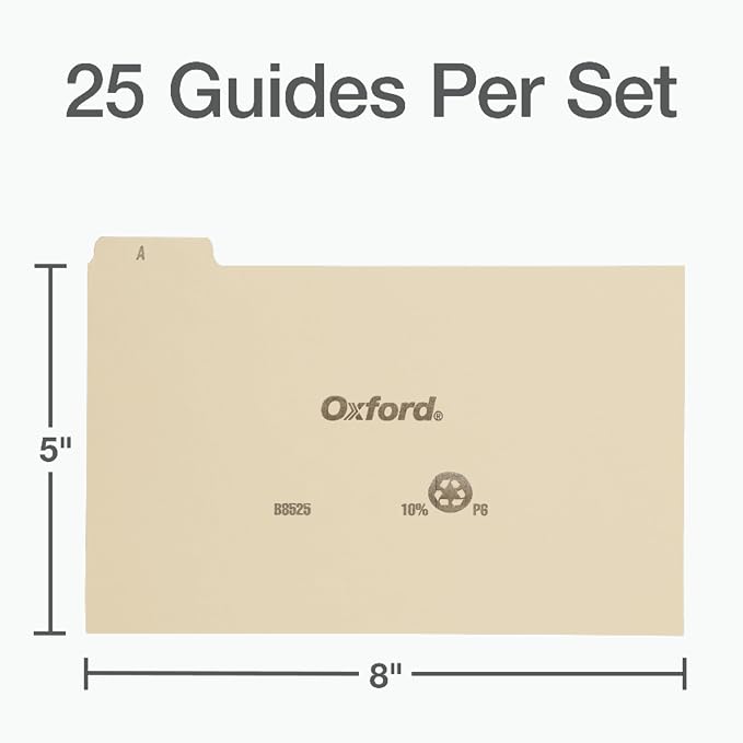 Oxford A-Z Card Guides, 5" x 8", 1/5-Cut Tabs, Manila, (B8525), 25 Count (Pack of 10)