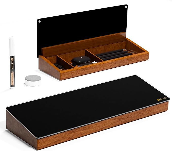 Desktop Black Glass Dry Erase Board with Wood Organizers for Small Office Supplies, Desk Whiteboard with Drawer for Home Office Cubicle, Accessories Included, Yeoux | Build With Soild Walnut Wood & Tempered Glass, Small Office Supplies Storage, For Hom...