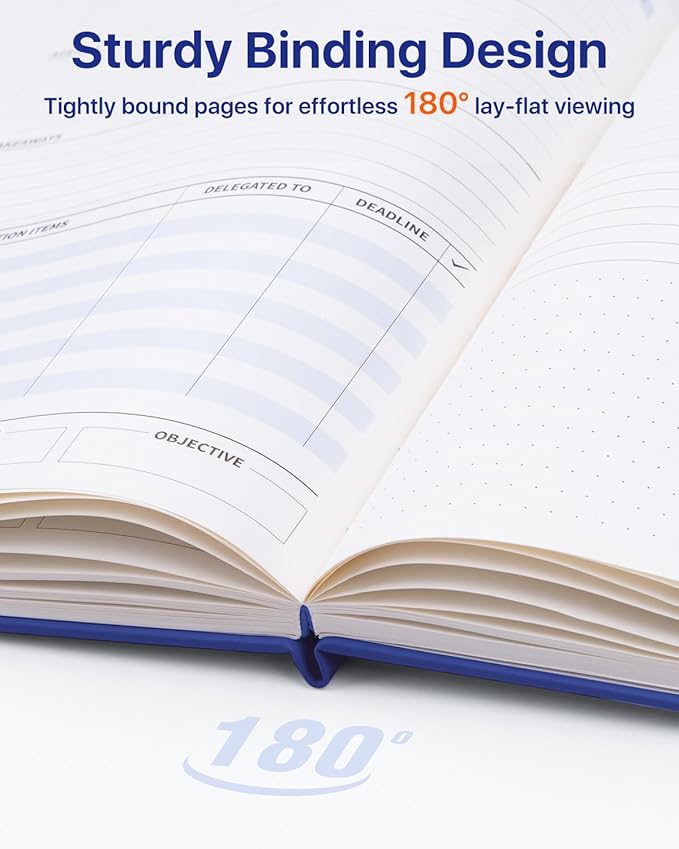 WEMATE Meeting Notebook for Work, Work Planner Notebook with Action Items, B5 Size Project Planner, Easily Take Meeting Notes & Keep Agendas on Track, Calender, Index Page, Inner Pocket, 7×10 Inch, Dark Blue
