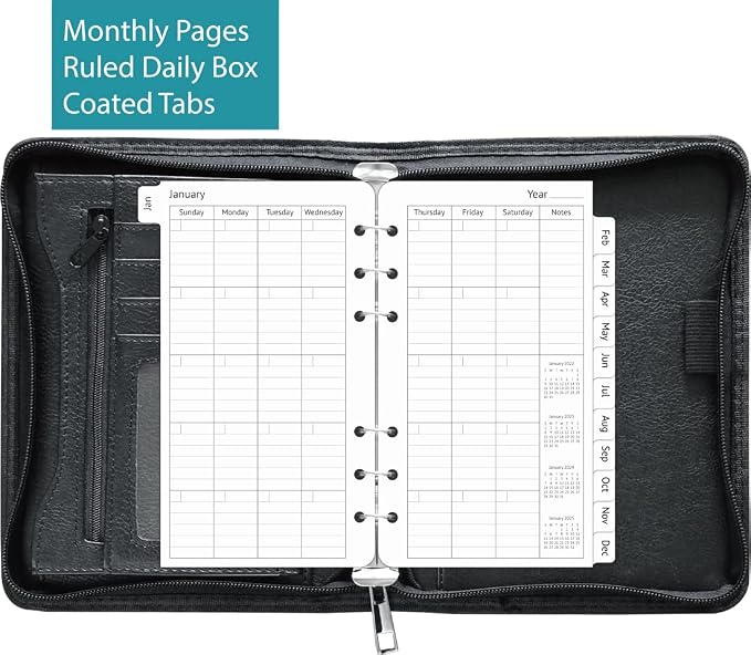 Fan&Ran Zipper Planner Organizer, Simulated Leather Undated Starter Set, A6/Personal Size, Black