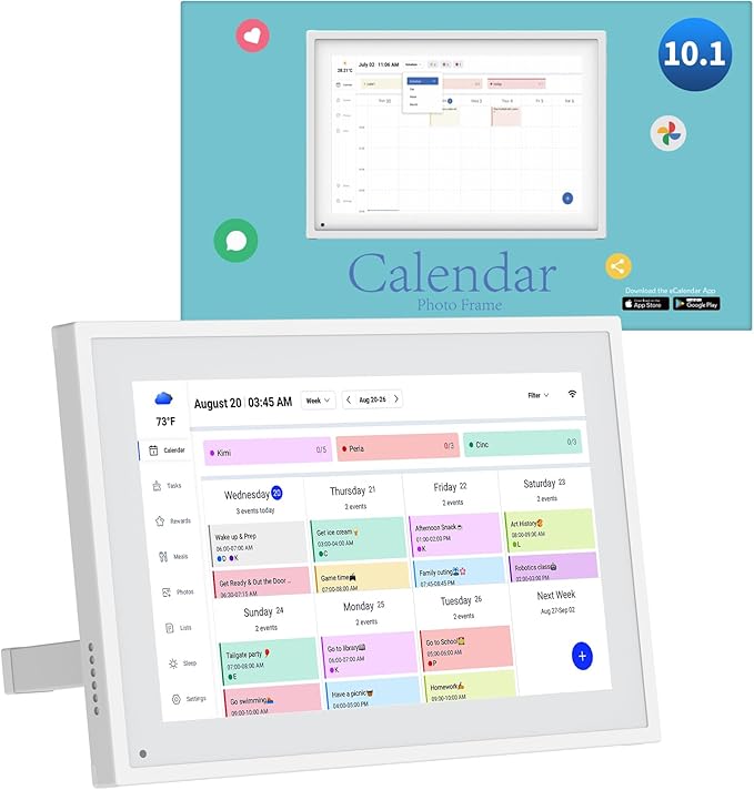 10.1 Inch Digital Calendar with Chore Rewards – Smart Electronic Family Organizer, Touchscreen, Meal Planner & Photo Frame, Syncs with Google/iCloud, for Wall or Desk, White