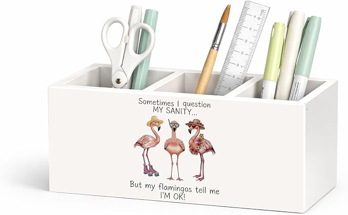 Flamingo 3-Compartment Desk Organizer, Wooden Pencil Holder for Pens, Pencils, Scissors, Ruler, Cute Flamingo-Themed Storage Box for Kids, Home & Office