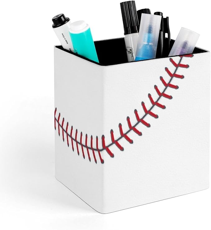 Baseball Ball Square Leather Pen Holder, Minimalist Desk Organizer for Office Home School, Pencil & Stationery Storage Box, Gift for Students Teachers Colleagues