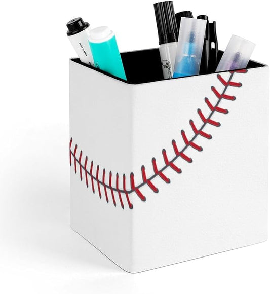 Baseball Ball Square Leather Pen Holder, Minimalist Desk Organizer for Office Home School, Pencil & Stationery Storage Box, Gift for Students Teachers Colleagues